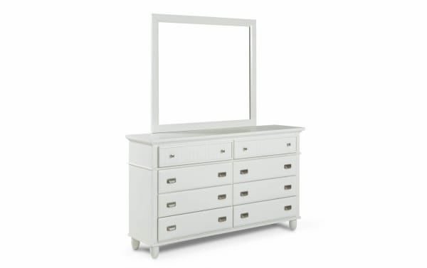 White Spencer 4 Piece King Bedroom Set with transitional style, hardwood solids, MDF, poplar, and veneers, featuring multiple storage drawers and a large mirror.
