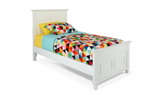 Spencer 5 Piece Twin White Panel Bedroom Set featuring a transitional style twin bed with hardwood solids, MDF, plywood, and poplar veneers. The bed has a white painted finish with classic paneled headboard and footboard, designed for durability and timeless appeal.