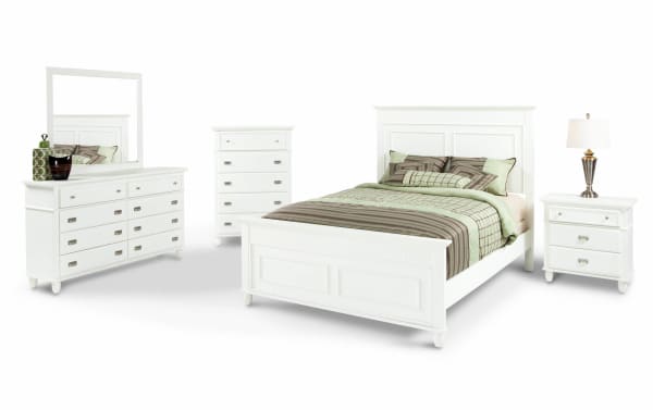 Spencer 5 Piece King White Panel Bedroom Set in transitional style, featuring hardwood solids, MDF, plywood, and poplar with multiple storage drawers.