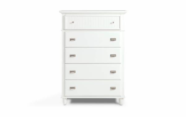 White Spencer transitional 5-drawer chest from Spencer Bedroom Set, made of hardwood solids, MDF, plywood, and veneers.