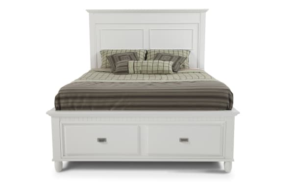 Spencer 4 Piece King White Storage Platform Bed in transitional style, made of hardwood solids, MDF, plywood, and poplar with storage drawers.