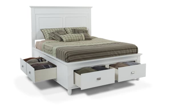 Spencer 4 Piece King White Storage Platform Bed with transitional style, hardwood solids, MDF, and poplar, featuring multiple storage drawers for organized bedroom space.