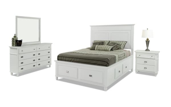 Spencer 4 Piece Full White Storage Platform Bedroom Set with transitional style, hardwood solids, MDF, plywood, poplar, and veneers. Includes bed with multiple storage drawers, dresser with mirror, and nightstand, all in classic white finish for organized, budget-friendly bedroom storage.