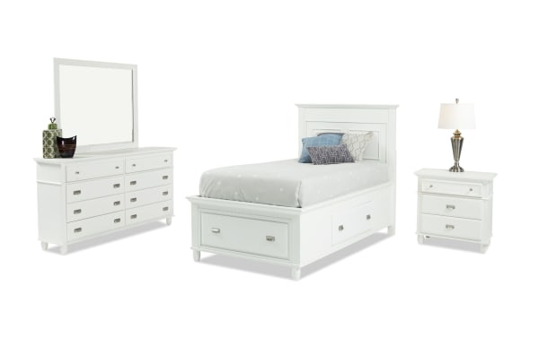 Spencer 4 Piece Twin White Storage Platform Bedroom Set in transitional style with hardwood solids, MDF, and poplar. Includes storage bed, dresser with mirror, and nightstand with multiple drawers.