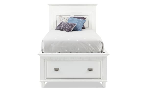 Spencer 4 Piece Twin white storage platform bed in transitional style, made of hardwood solids, MDF, plywood, poplar, and veneers with built-in drawer.