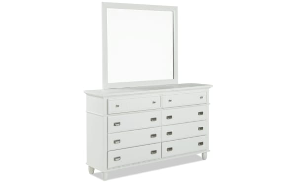 Spencer transitional white dresser with mirror, part of Spencer 4 Piece Twin White Storage Platform Bedroom Set, made of hardwood solids, MDF, plywood, and veneers.