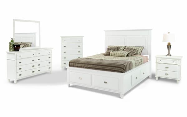 Spencer 5 Piece Full White Storage Platform Bedroom Set in transitional style with hardwood solids, MDF, and poplar. Includes storage bed, dresser with mirror, chest, and nightstand, all featuring multiple drawers for organized storage.