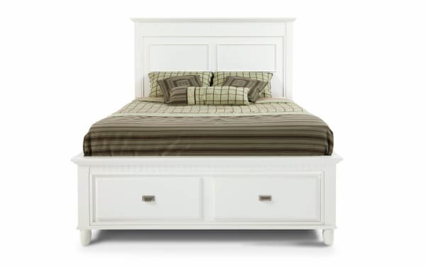 Spencer 5 Piece Full White Storage Platform Bed with headboard and under-bed drawers, transitional style in hardwood solids and veneers.
