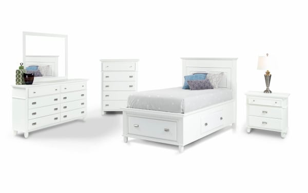 Spencer 5 Piece Twin White Storage Platform Bedroom Set in transitional style, made of hardwood solids, MDF, plywood, and veneers, featuring a twin storage bed, dresser with mirror, chest, and nightstand with multiple drawers for organized storage.