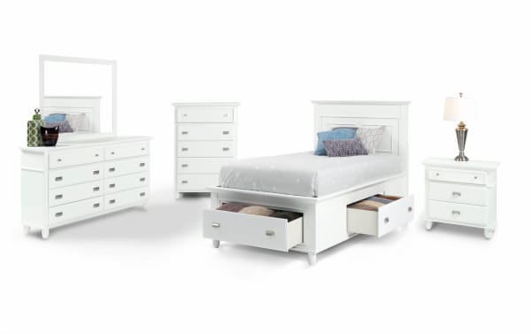 Spencer 5 Piece Twin White Storage Platform Bedroom Set in transitional style with hardwood solids, MDF, and poplar. Includes storage bed, dresser with mirror, chest, and nightstand with multiple drawers for organized storage.