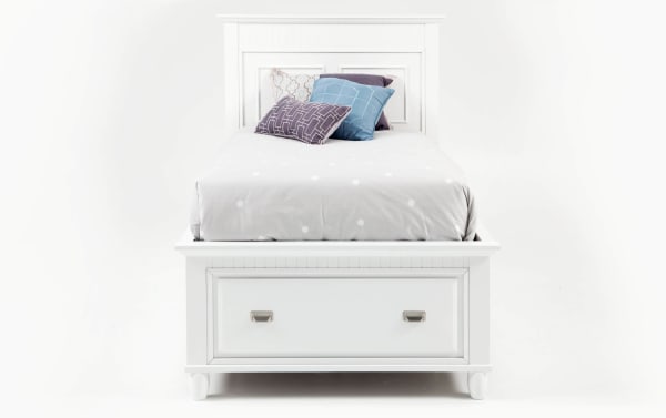 Spencer 5 Piece Twin White Storage Platform Bed with transitional style, hardwood solids, MDF, and poplar construction, featuring built-in storage drawers.