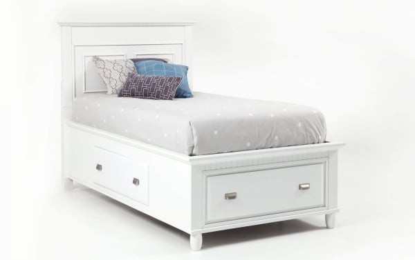 Spencer 5 Piece Twin White Storage Platform Bed in transitional style with hardwood solids, MDF, and poplar, featuring built-in storage drawers and classic panel design.
