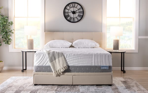 Twilight 15.5'' King Firm Mattress from Bob's Twilight collection with white quilted top, gray patterned base, and ventilated gel memory foam layer.
