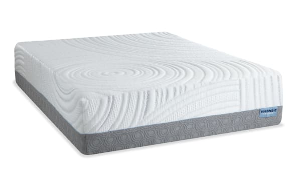 Twilight 15.5'' Queen Plush Mattress by Bob’s Bob-O-Pedic, featuring white quilted top with circular patterns, gray breathable base, and gel memory foam layers for cooling comfort.