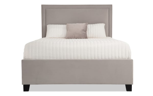 Tremont Twin Gray Upholstered Storage Panel Bed with gray polyester fabric, nailhead trim, transitional style, and rubberwood solid frame