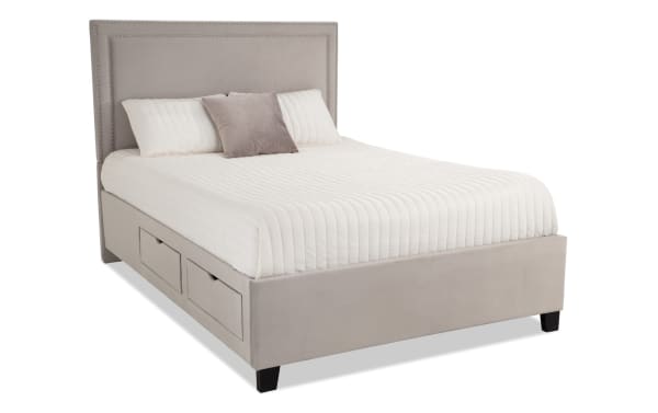 Tremont Twin Gray Upholstered Storage Panel Bed with gray polyester fabric, nailhead trim headboard, rubberwood frame, and built-in side storage drawers.