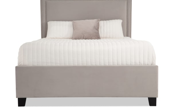 Tremont Full Gray Upholstered Storage Panel Bed with gray polyester fabric, nailhead trim, rubberwood and poplar solids, transitional style
