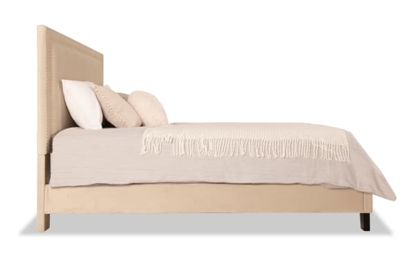 Tremont Full Beige Upholstered Panel Bed in transitional style with beige polyester fabric, rubberwood solids, and simple, clean lines for elegant bedroom decor.