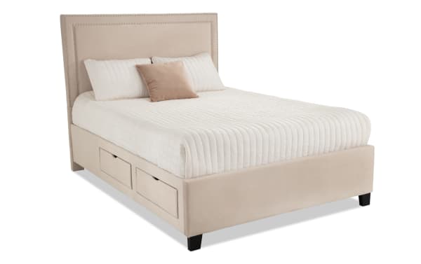Tremont Queen Beige Upholstered Storage Panel Bed in transitional style with beige polyester fabric, nailhead trim, and built-in storage drawers.