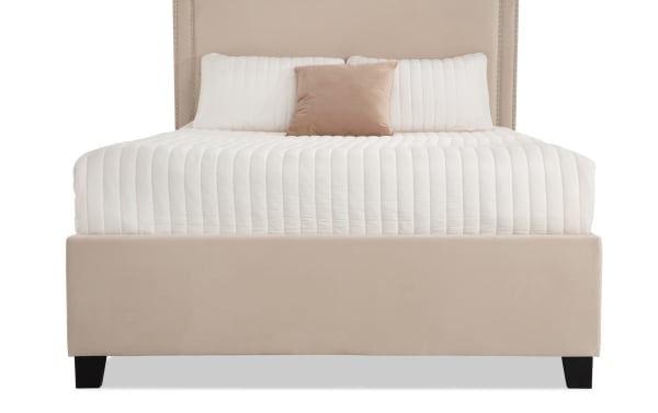 Tremont Queen Beige Upholstered Storage Panel Bed with polyester fabric, nailhead trim, rubberwood and poplar solids, transitional style.