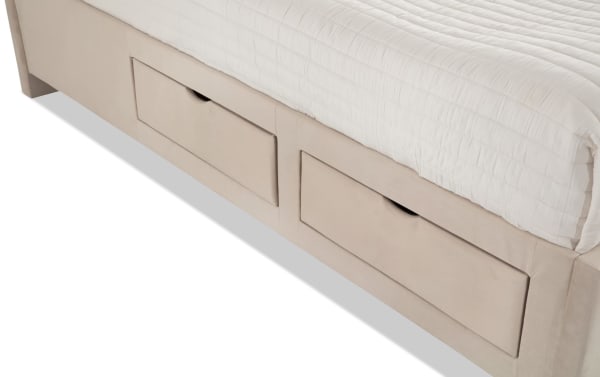 Beige Tremont Queen Upholstered Storage Panel Bed with fabric polyester upholstery, transitional style, and built-in underbed storage drawers.