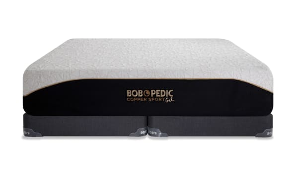 Copper Sport Gel 11.5'' King Firm Split Low Profile Mattress Set by Bob-O-Pedic, white textured top with black sides, copper thread cover, and supportive dark gray base.