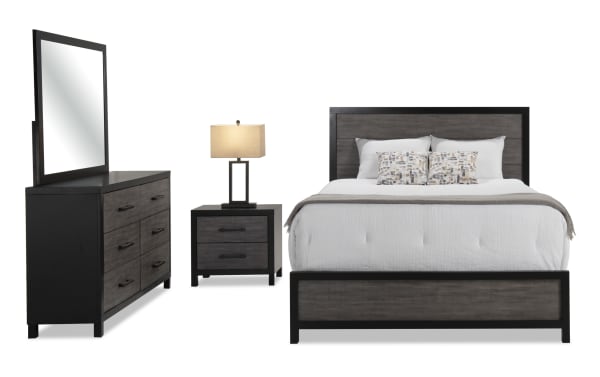 Fusion 4 Piece Full Black & Gray Panel Bedroom Set with adjustable headboard, MDF, poplar, birch veneer, transitional style, bar handle hardware, dresser, nightstand with dust-proof dovetail drawers.
