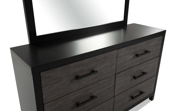 Fusion 4 Piece Full Black & Gray Panel Bedroom Set dresser with MDF, poplar solids, birch veneer, transitional style, black bar handles, and dust-proof dovetail drawers.