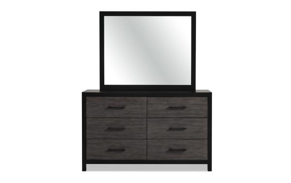 Fusion 4 Piece King Bedroom Set dresser with black frame, gray birch veneer drawers, bar handle hardware, and attached rectangular mirror in transitional style.