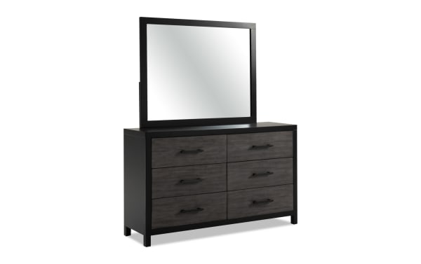 Fusion 4 Piece King Black & Gray Panel Bedroom Set dresser with mirror, transitional style, MDF, poplar solids, birch veneer, bar handle hardware, six French front dovetail drawers with dust-proof design.