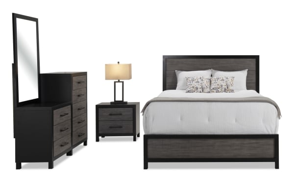 Fusion 4 Piece Full Black & Gray Panel Bedroom Set with Chesser, featuring transitional style MDF, poplar solids, birch veneers, adjustable headboard, bar handle hardware, French front dovetail drawers, and ample storage with dresser and nightstand.