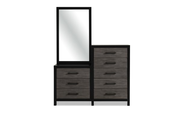 Fusion 4 Piece King Black & Gray Panel Bedroom Set with Chesser featuring transitional style, MDF, poplar solids, birch veneers, black frame, gray wood finish, bar handle hardware, and multiple drawers for storage.