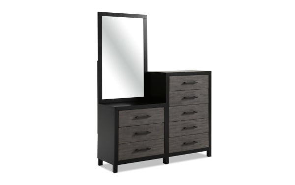 Fusion 4 Piece King Black & Gray Panel Bedroom Set with Chesser, transitional style with MDF, poplar solids, birch veneer, black frame, gray wood finish, bar handle hardware, and multiple drawers for storage.