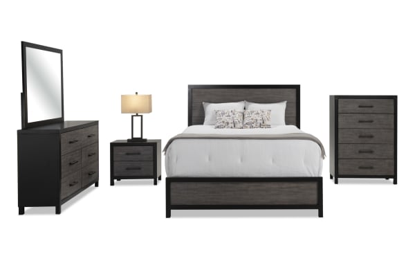 Fusion 5 Piece Twin Black & Gray Panel Bedroom Set in transitional style with MDF, poplar solids, birch veneer, adjustable headboard, bar handle hardware, and French front dovetail drawers. Includes dresser with mirror, nightstand, chest, and twin bed frame with black and gray wood finish.