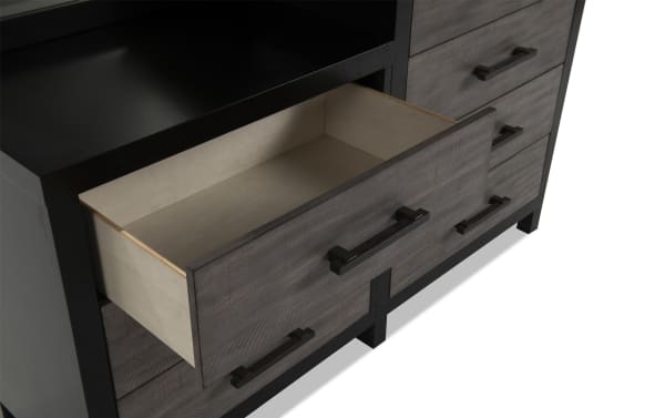 Fusion 5 Piece Twin Black & Gray Panel Bedroom Set drawer open, showing birch veneer, MDF, poplar solids, transitional style, black bar handles, dust-proof dovetail construction, part of Fusion collection with chesser storage.