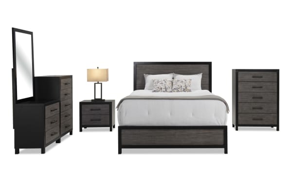 Fusion 5 Piece Full Black & Gray Panel Bedroom Set with Chesser, transitional style in MDF, poplar, birch veneer, featuring adjustable headboard, bar handle hardware, French front dovetail drawers, including dresser with mirror, nightstand, chest, and bed frame.