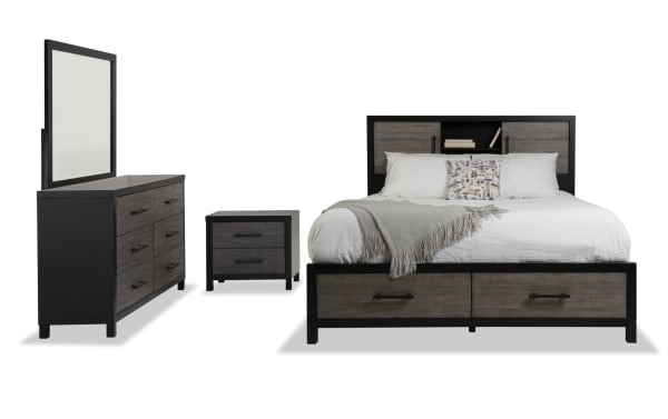 Fusion 4 Piece Full Black & Gray Bookcase Storage Bedroom Set with MDF, poplar solids, birch veneers, two-tone finish, transitional style, built-in headboard lighting, French front dovetail drawers, beveled mirror, and ample storage in bed, nightstand, and dresser.
