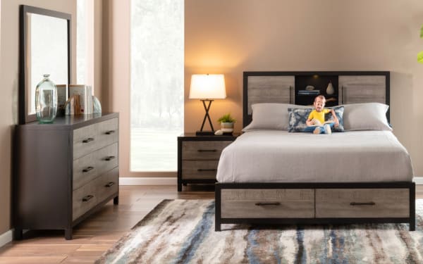 Fusion 4 Piece Queen Black & Gray Bookcase Storage Bedroom Set with MDF, poplar solids, birch veneers, two-tone finish, transitional style, headboard lighting, French front dovetail drawers, beveled mirror, and ample storage in bed, nightstand, and dresser.