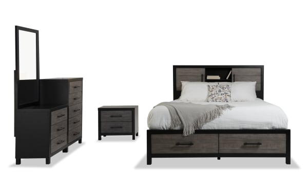 Fusion 4 Piece Full Black & Gray Bookcase Storage Bedroom Set with Chesser in transitional style, featuring MDF, poplar solids, birch veneers, two-tone finish, beveled mirror, French front dovetail drawers, and headboard lighting with ample storage.