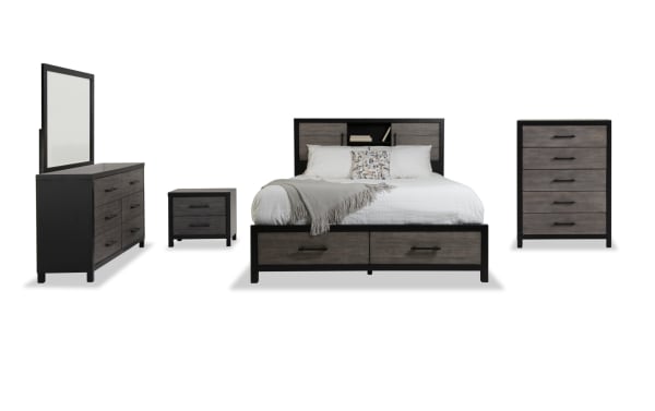 Fusion 5 Piece Twin Black & Gray Bookcase Storage Bedroom Set with transitional style, birch veneer, MDF, poplar solids, two-tone finish, headboard lighting, beveled mirror, and dust-proof French dovetail drawers for ample storage.