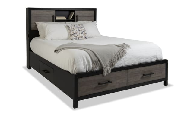 Fusion 5 Piece Twin Black & Gray Bookcase Storage Bedroom Set with birch veneer, MDF, poplar solids, transitional style, two-tone finish, headboard lighting, and built-in storage drawers.
