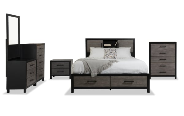 Fusion 5 Piece Full Black & Gray Bookcase Storage Bedroom Set with Chesser, transitional style in MDF, poplar, birch veneer, two-tone finish, built-in headboard lighting, beveled mirror, and dust-proof French dovetail drawers.