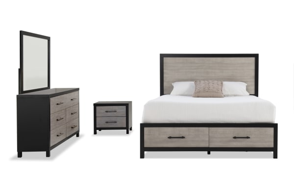 Fusion 4 Piece Full Black & Gray Storage Platform Bedroom Set with adjustable headboard, birch veneer, MDF, poplar solids, bar handle hardware, and dust-proof dovetail drawers in transitional style.