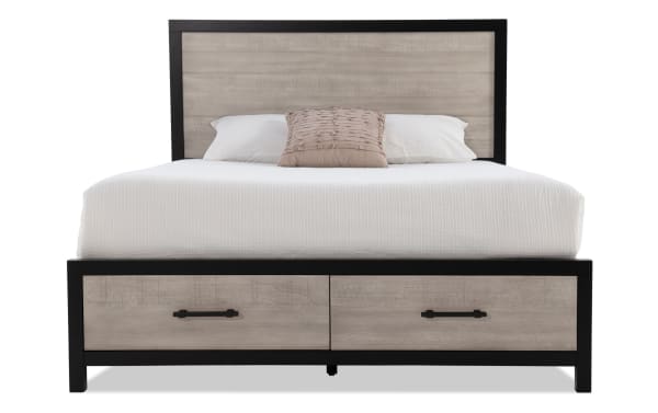 Fusion 4 Piece Full Black & Gray Storage Platform Bed with adjustable headboard, birch veneer, MDF, poplar solids, transitional style, and black bar handles.