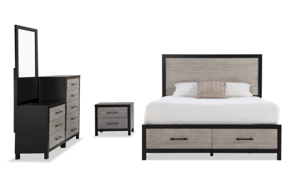 Fusion 4 Piece Twin Black & Gray Storage Platform Bedroom Set with chest of drawers, transitional style, birch veneer, MDF, poplar solids, adjustable headboard, bar handle hardware, French front dovetail drawers.