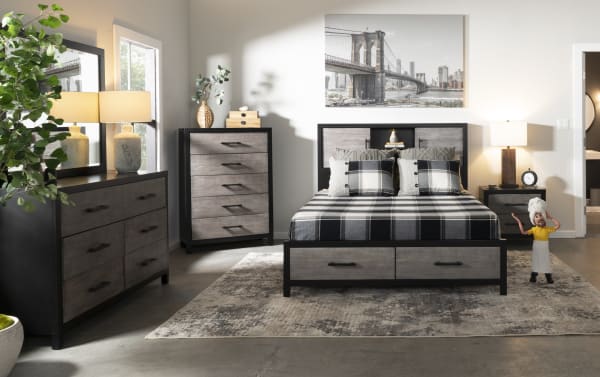 Transitional Fusion 4 Piece Twin Bedroom Set in black and gray with MDF, poplar solids, birch veneer, adjustable headboard, bar handle hardware, and dust-proof dovetail drawers.