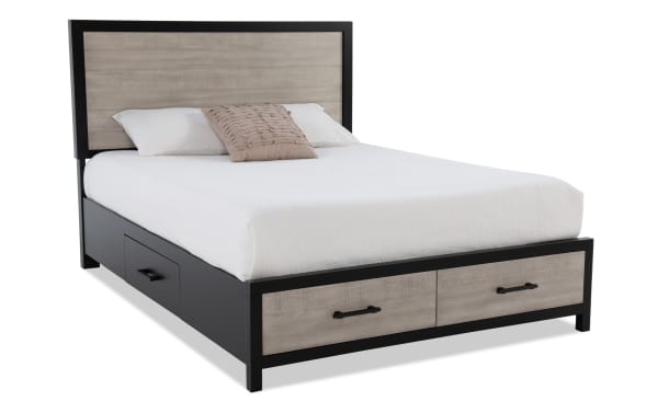 Fusion 4 Piece Twin Storage Platform Bed in black and gray with birch veneer, adjustable headboard, bar handle hardware, and dust-proof dovetail drawers.