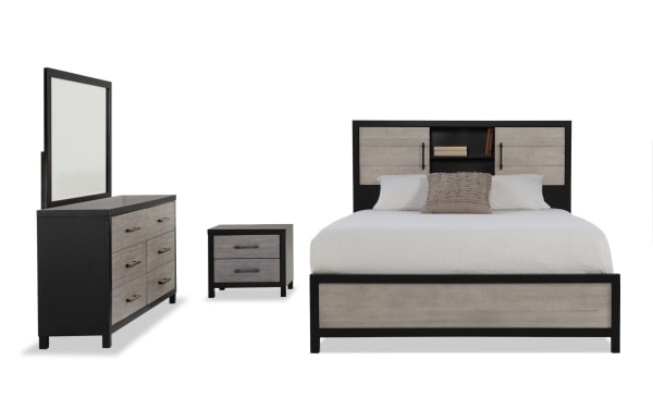 Fusion 4 Piece Full Black & Gray Bookcase Panel Bedroom Set with MDF, poplar solids, birch veneers. Transitional style with bar handle hardware, headboard storage, and dust-proof dovetail drawers.