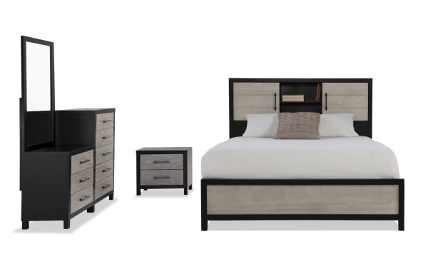 Fusion 4 Piece Twin Bedroom Set in black and gray with MDF, poplar solids, birch veneer. Includes bed with storage headboard, dresser with mirror, and 2-drawer nightstand. Transitional style with bar handle hardware and dust-proof dovetail drawers.