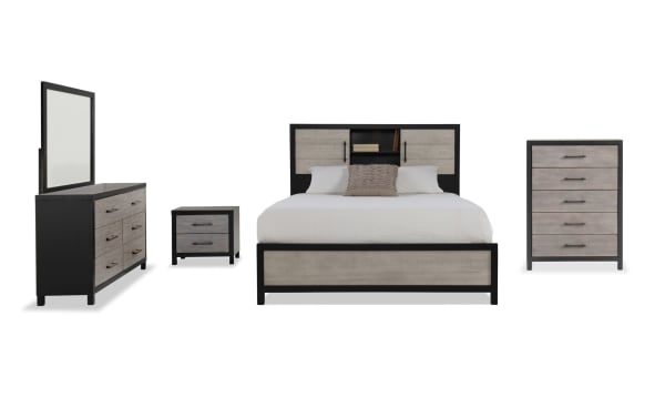Fusion 5 Piece Full Black & Gray Bookcase Panel Bedroom Set with birch veneer, MDF, poplar solids, transitional style, bar handle hardware, headboard storage, and dust-proof dovetail drawers.